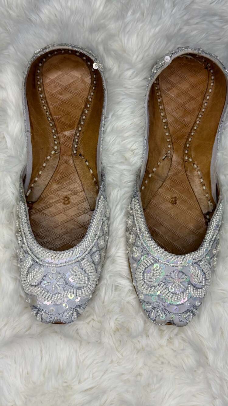 Handmade Silver Beaded Juttis Size 8 Sequin Khussa Flats